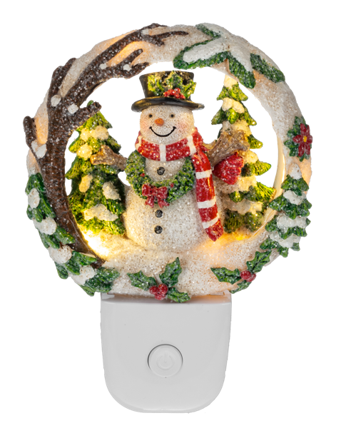 Decorative night light with a snowman design in a wreath on a white background
