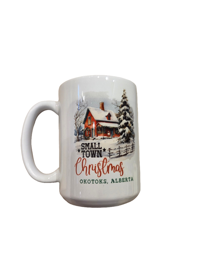 White mug with a winter scene and text on a white background
