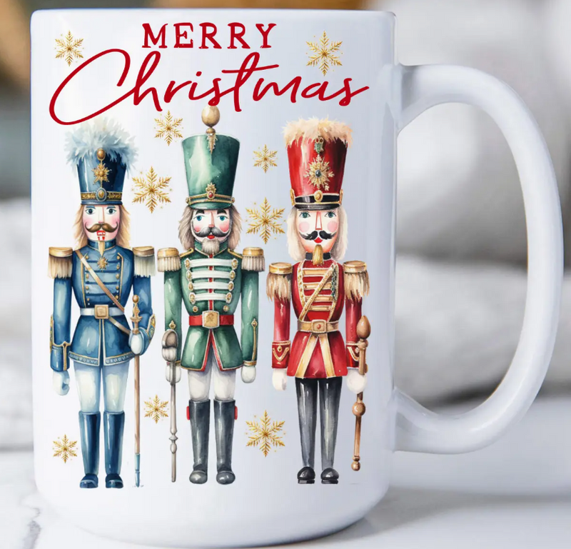 White mug with nutcracker design and 'Merry Christmas' text on a white background