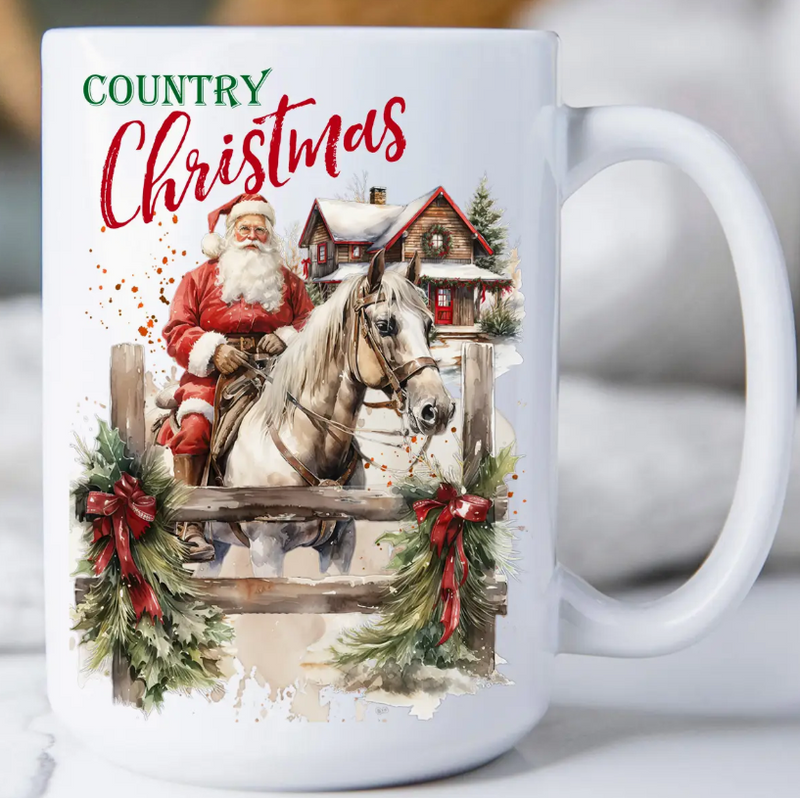 White mug with Santa Claus on a horse, Christmas village scene, and 'Country Christmas' text.