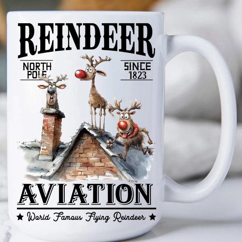 Mug with reindeer design and text on a white background