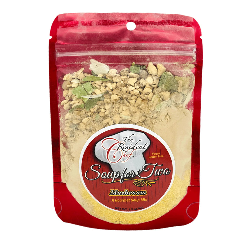 Mushroom soup mix package with visible ingredients on a white background