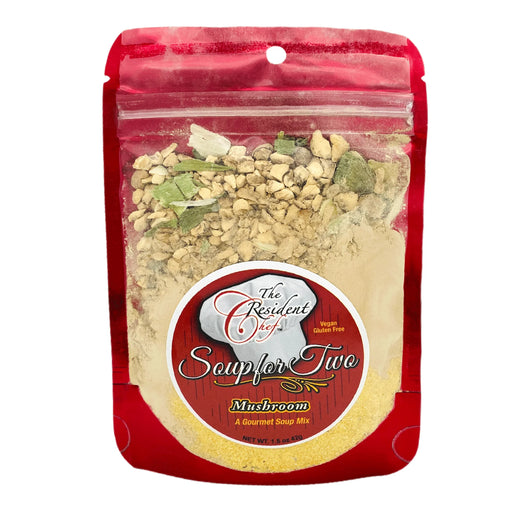 Mushroom soup mix package with visible ingredients on a white background