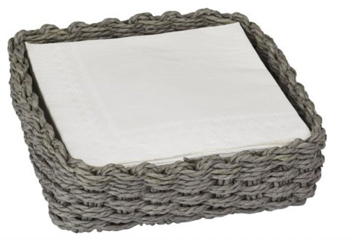 Gray woven tray with a white cushion on a white background