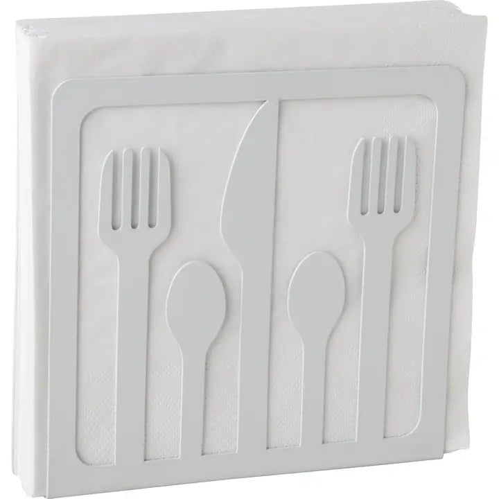 White paper napkins with embossed flatware designs, including forks, a knife, and spoons, shown folded in a holder.