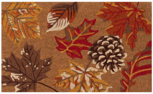 Decorative rug with autumn leaf and pine cone pattern on a brown background