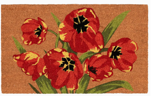 Doormat with red tulip design on a brown background