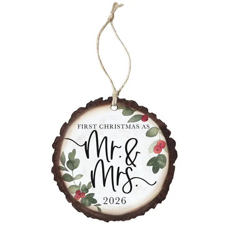 Decorative ornament for first Christmas as Mr. & Mrs. 2026 with floral design on a white background