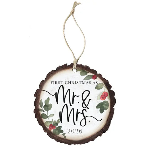Decorative ornament for first Christmas as Mr. & Mrs. 2026 with floral design on a white background