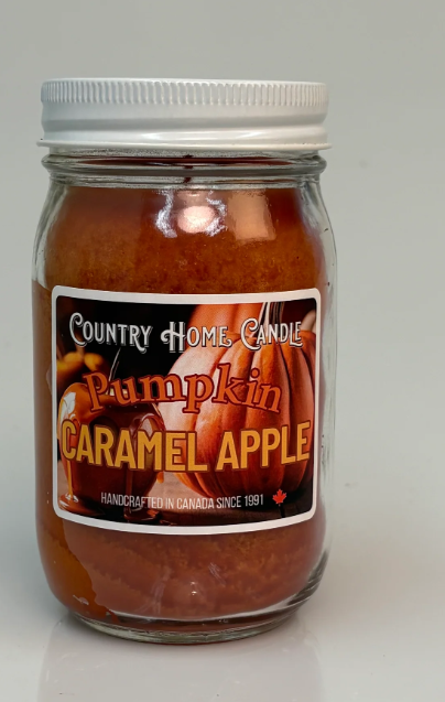 Jar of Country Home Candle Pumpkin Caramel Apple candle on a white background