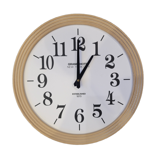 Round wall clock with beige frame and white face displaying black numbers and hands.