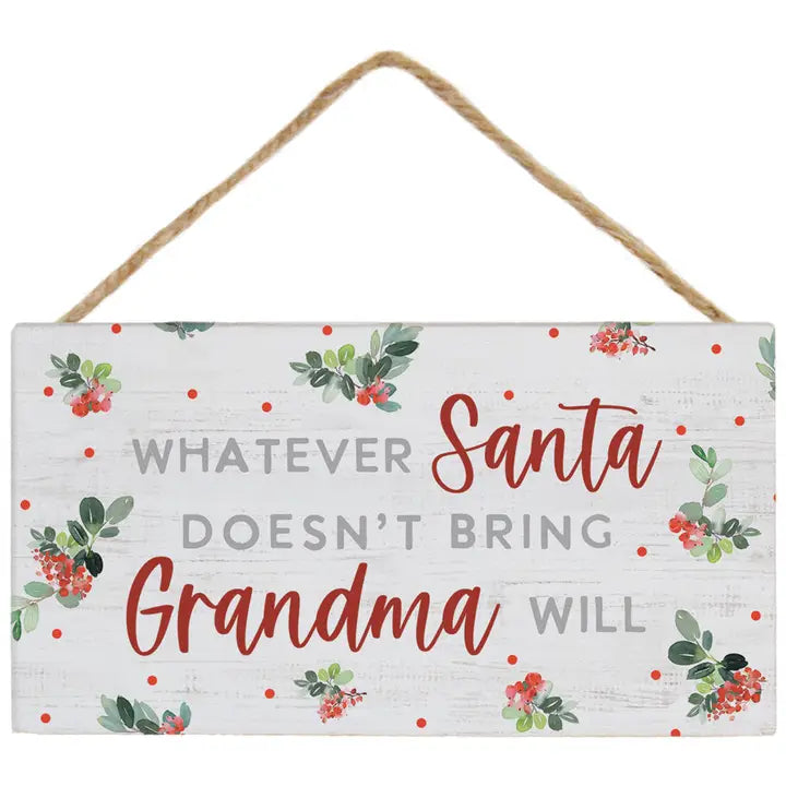 Decorative sign with floral designs and text on a white background