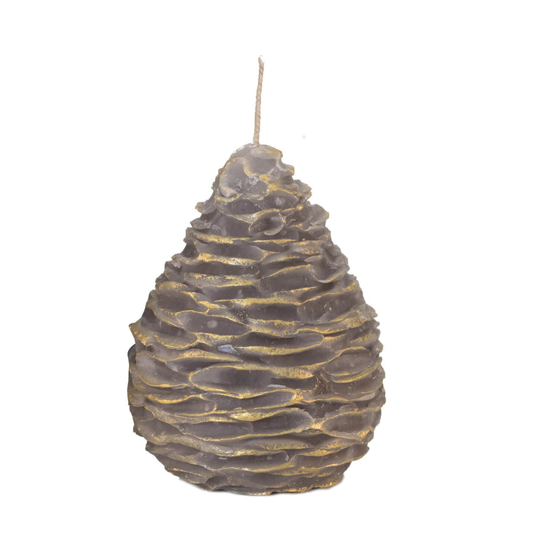 Textured candle shaped like a pine cone on a white background