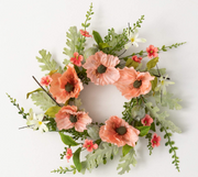 Floral wreath with pink flowers and green leaves on a white background