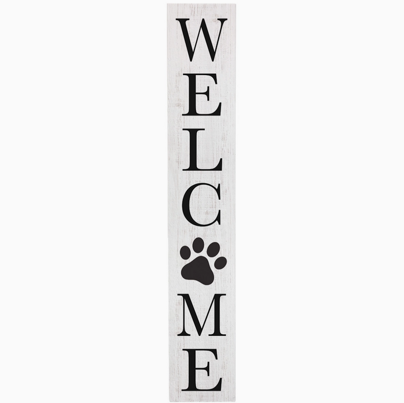 Vertical wooden sign with 'WELCOME' and a paw print on a white background
