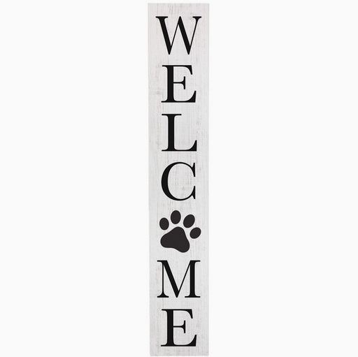 Vertical wooden sign with 'WELCOME' and a paw print on a white background
