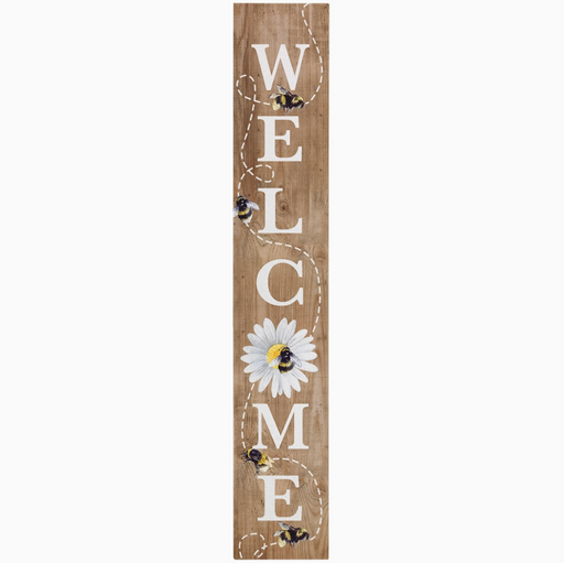 Wooden vertical sign with 'Welcome' text and bee and daisy designs on a white background