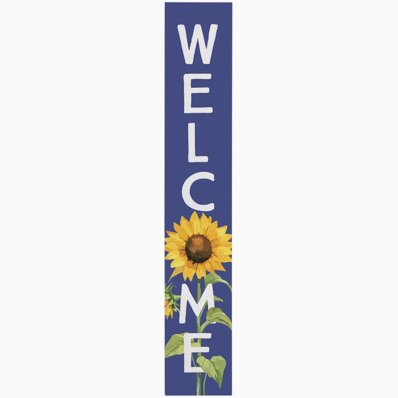Vertical banner with sunflower design and 'Welcome' text on a blue background