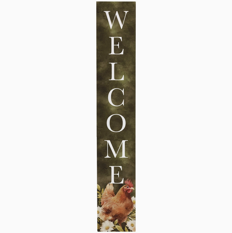 Vertical welcome sign with a rooster design on a green background