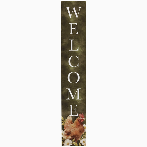 Vertical welcome sign with a rooster design on a green background