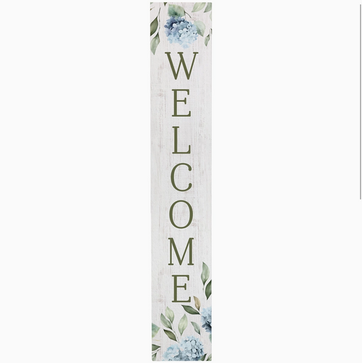 Vertical wooden sign with 'WELCOME' text and floral designs on a white background