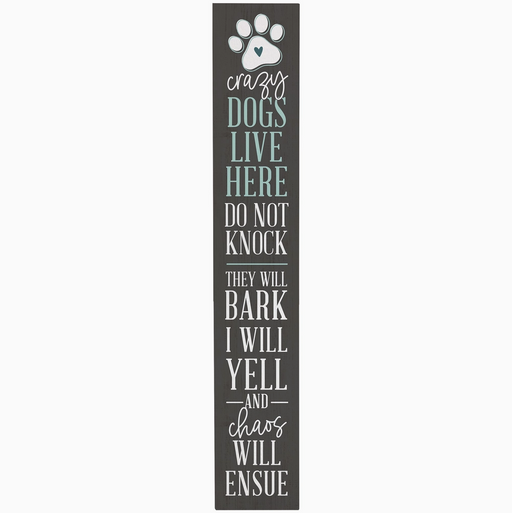 Vertical sign with paw print and humorous text on a white background