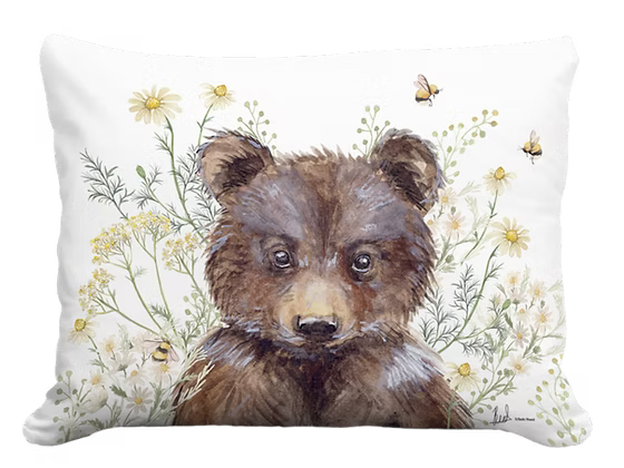 Bear with Daisies and Bees Pillow