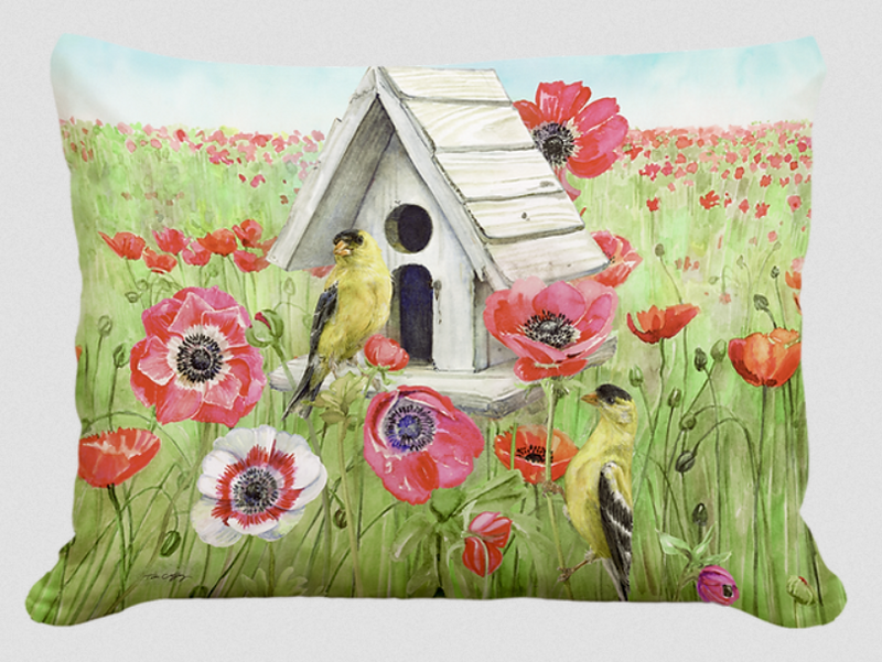 Yellow Birds and Poppy Field Pillow