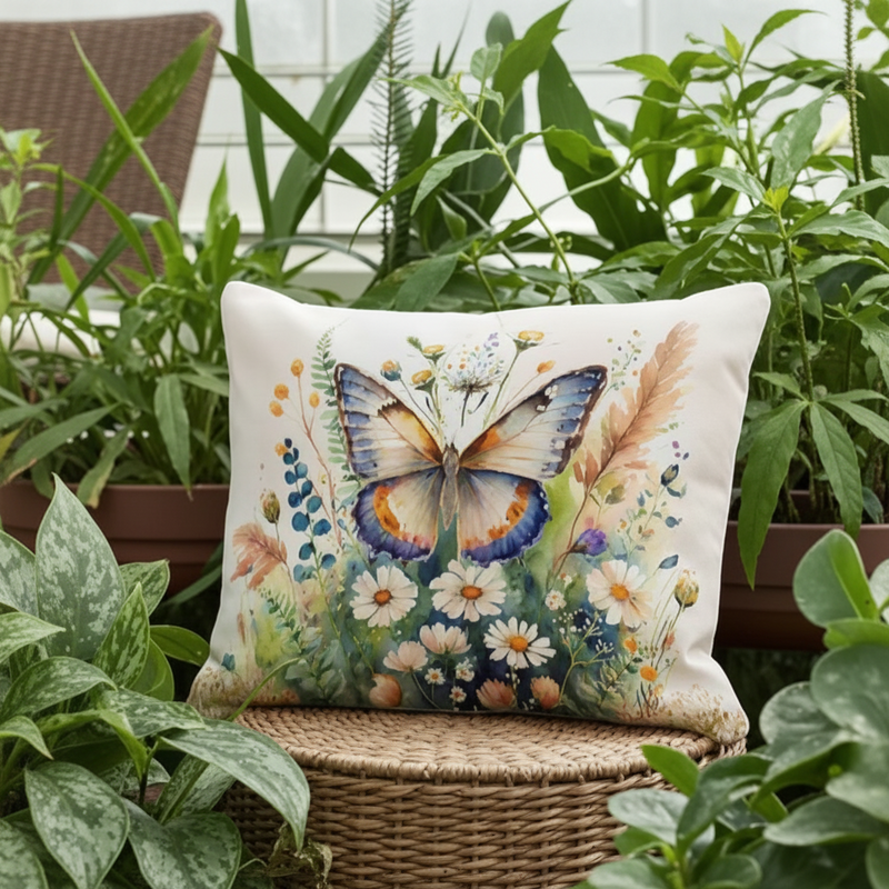Decorative pillow with butterfly design in a garden setting