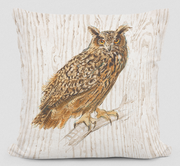 A square-shaped throw pillow featuring an illustration of an owl perched on a tree branch, with a beige and brown color palette.
