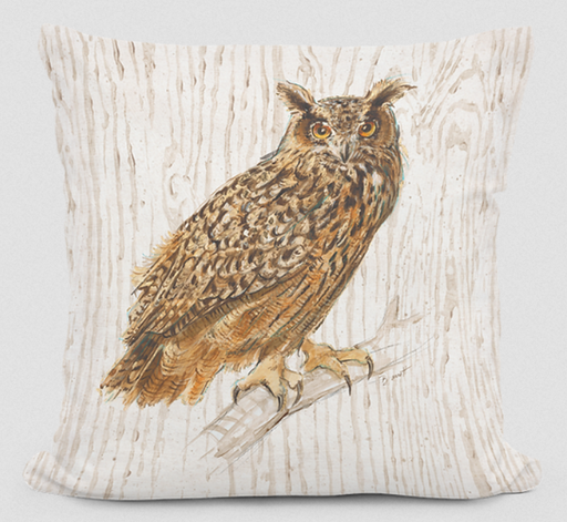 A square-shaped throw pillow featuring an illustration of an owl perched on a tree branch, with a beige and brown color palette.