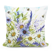 Decorative pillow with floral design featuring flowers and bees on a white background