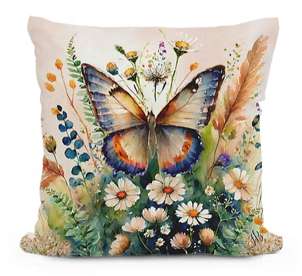 Decorative pillow with a butterfly and floral design on a beige background