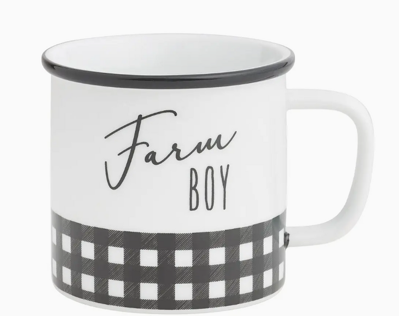 White mug with 'Farm Boy' text and black rim on a white background