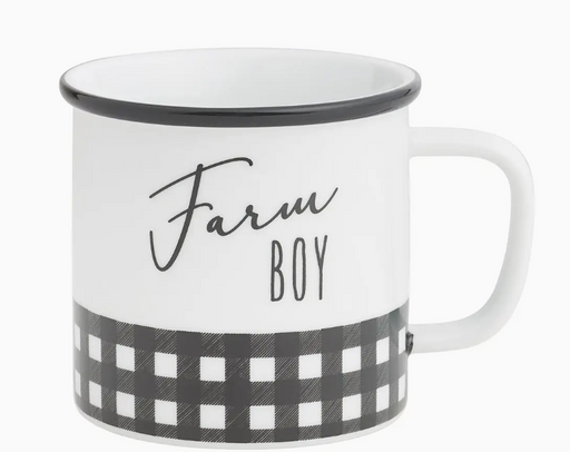 White mug with 'Farm Boy' text and black rim on a white background