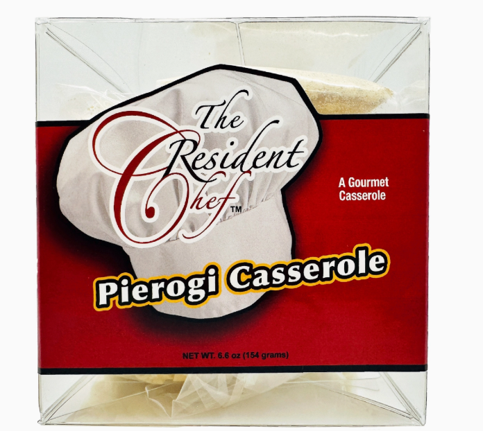 Box of 'The Resident Chef' Pierogi Casserole with a chef's hat graphic on a red background.