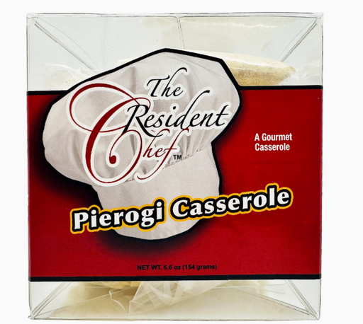 Box of 'The Resident Chef' Pierogi Casserole with a chef's hat graphic on a red background.