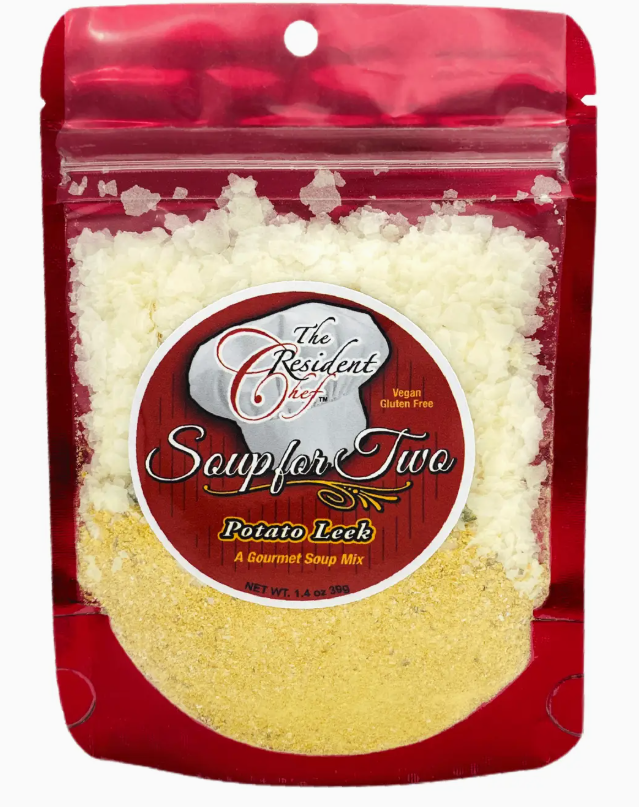 Red package of 'Soup for Two' potato leek mix with visible brand label.
