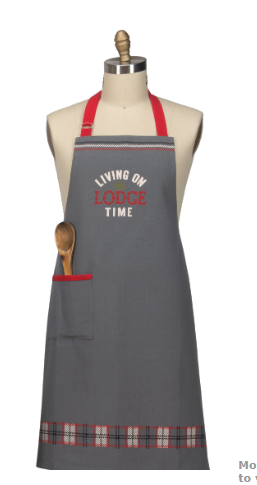 Gray apron with red accents and 'Living on Lodge Time' text on a mannequin.