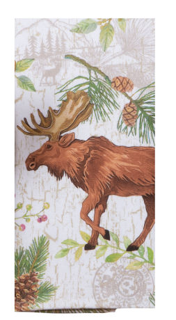 Decorative paper with a moose illustration and nature elements on a textured background