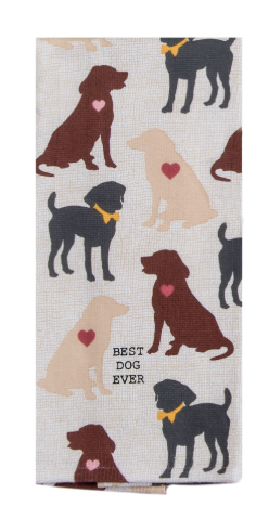 Fabric with dog pattern and 'Best Dog Ever' text on a white background