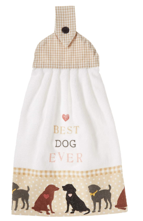 Hanging towel with 'Best Dog Ever' text and dog illustrations on a white background