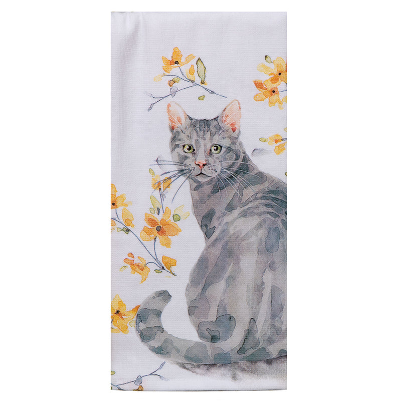 Tea towel with a cat and floral design on a white background