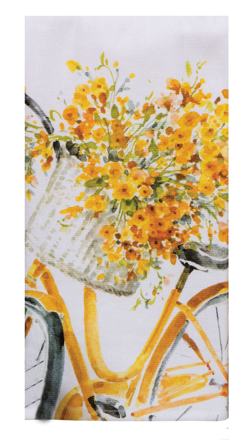 Towel with a bicycle and basket of yellow flowers design
