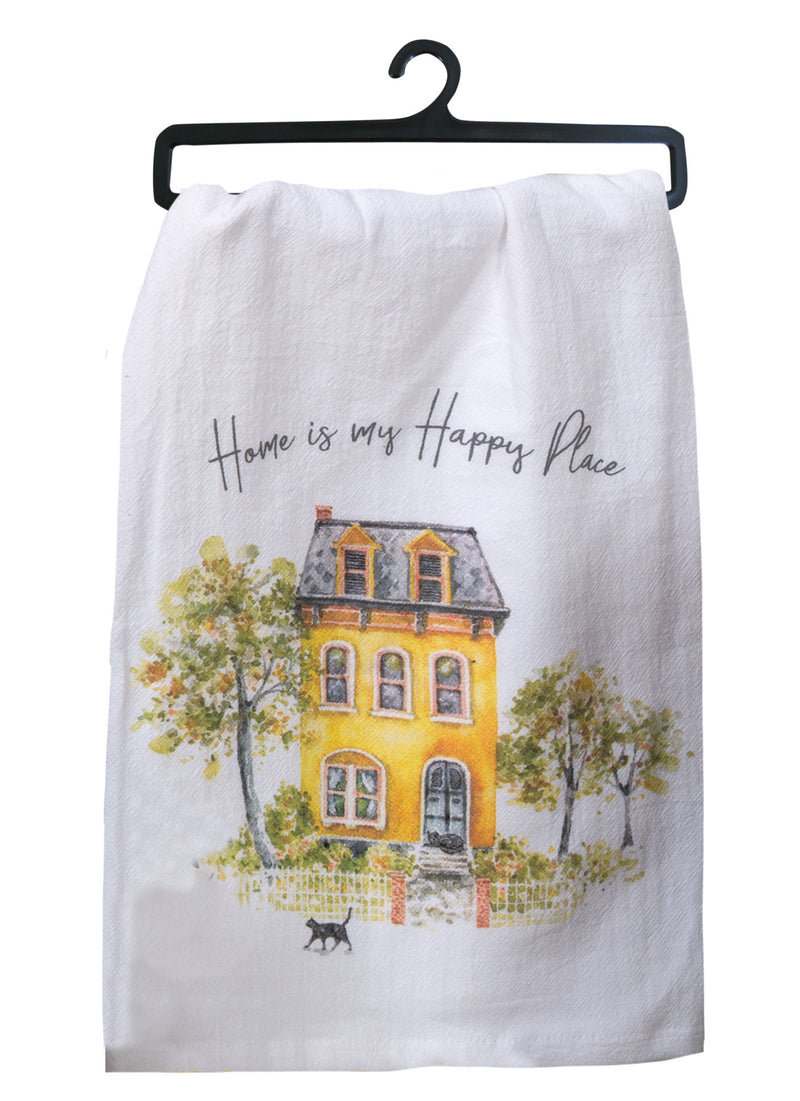 White towel with a yellow house and 'Home is my Happy Place' text on a hanger.