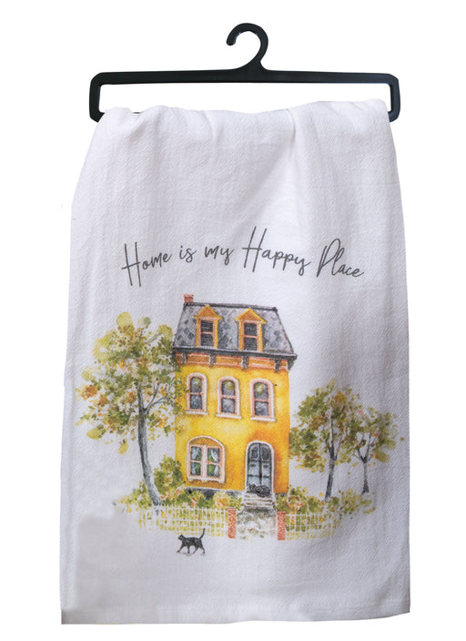 White towel with a yellow house and 'Home is my Happy Place' text on a hanger.