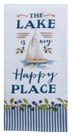 Tea towel with sailboat design and text 'The Lake is my Happy Place' on a light blue background.