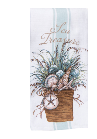 Decorative towel with beach-themed design featuring a basket of seashells and plants, and 'Sea Treasure' text.
