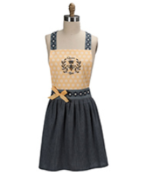An adult-sized apron with a yellow bodice featuring a bee design, a black skirt, and decorative rick rack trim.