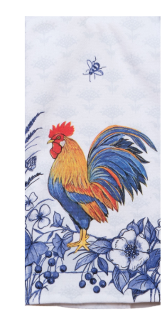 Kitchen towel with a colorful rooster design on a white background